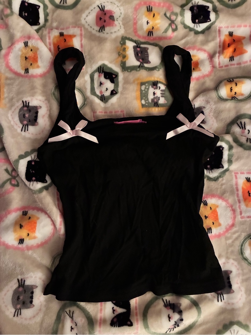 Edikted Black Ribbed Camisole with Pink Bow Straps